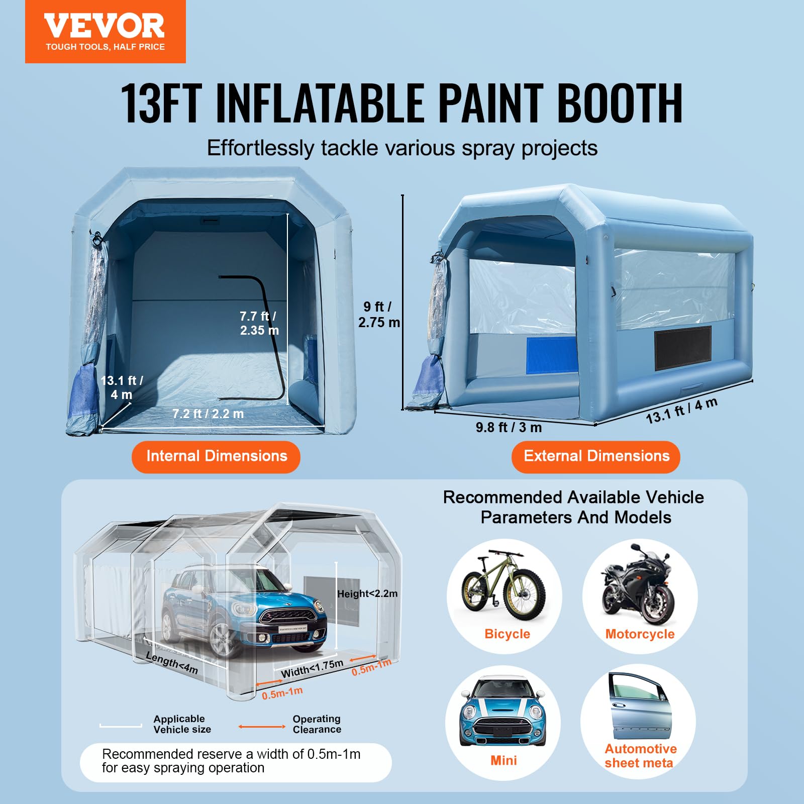VEVOR Cabine de Peinture Gonflable 4x3x2,75 m, Tente Peinture Gonflable Automobile avec Souffleurs Puissants de 750 W et Système de Filtration, Station de Travail pour Pose de Peinture Atelier Garage