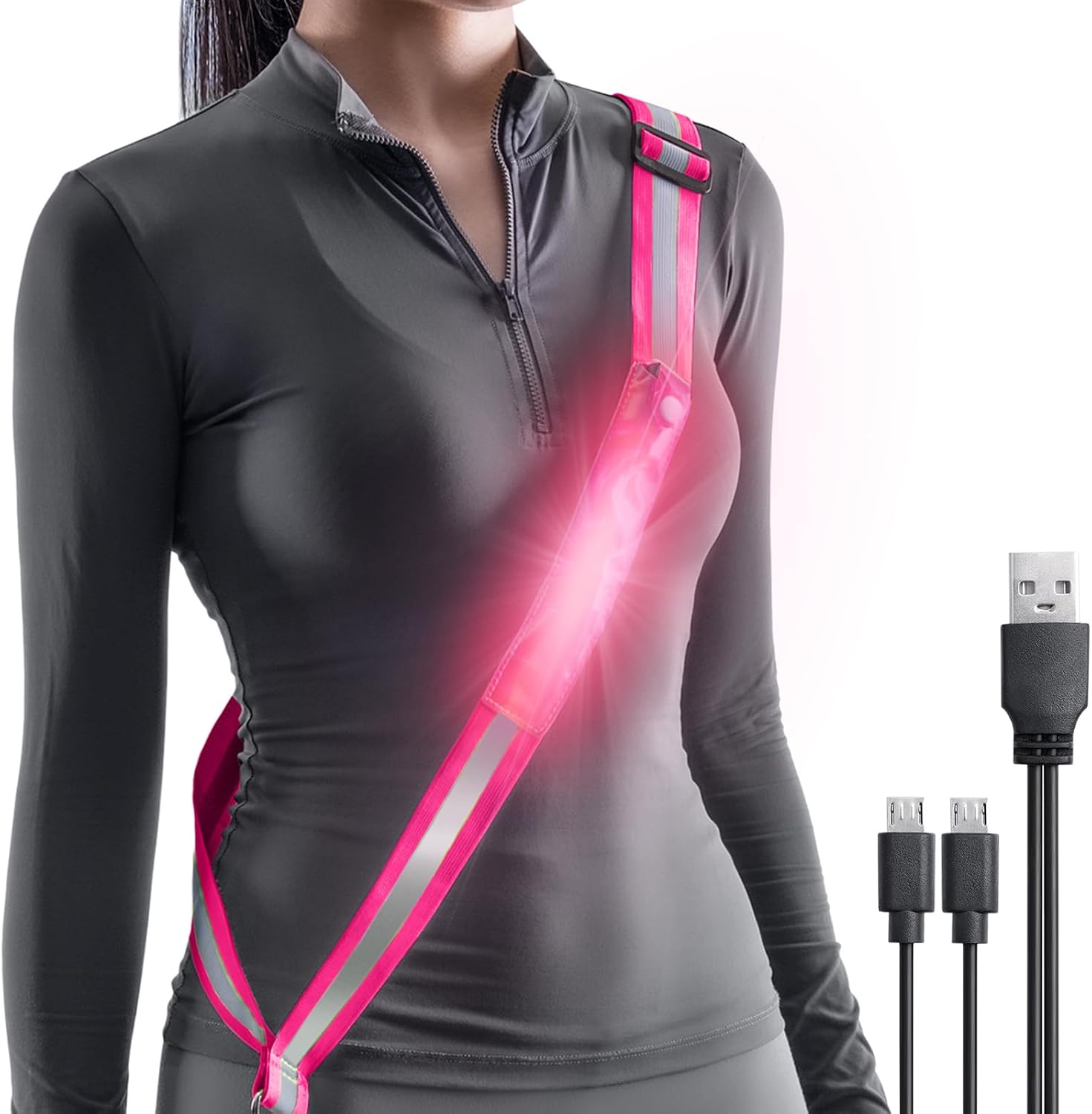 LED Belt Reflective Sash for Walking at Night, High Visibility Adjustable Night Running Safety Gear Rechargeable LED Light Up Running Belt Reflective Gear for Runners Walkers Men Women