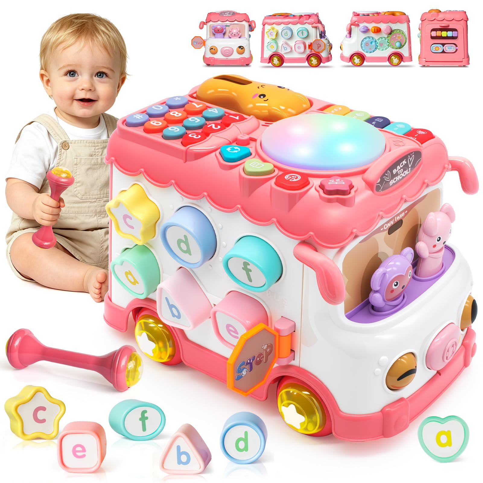 Toys for 1 2 Year Old Girls: Montessori Toys for 1 Year Old, Multi-Functional Activity Bus Toy for Baby 12-18 Months+, Baby Toy with Music/Lights/Sound, Birthday Gifts for 1 2 Year Old Girls Kid