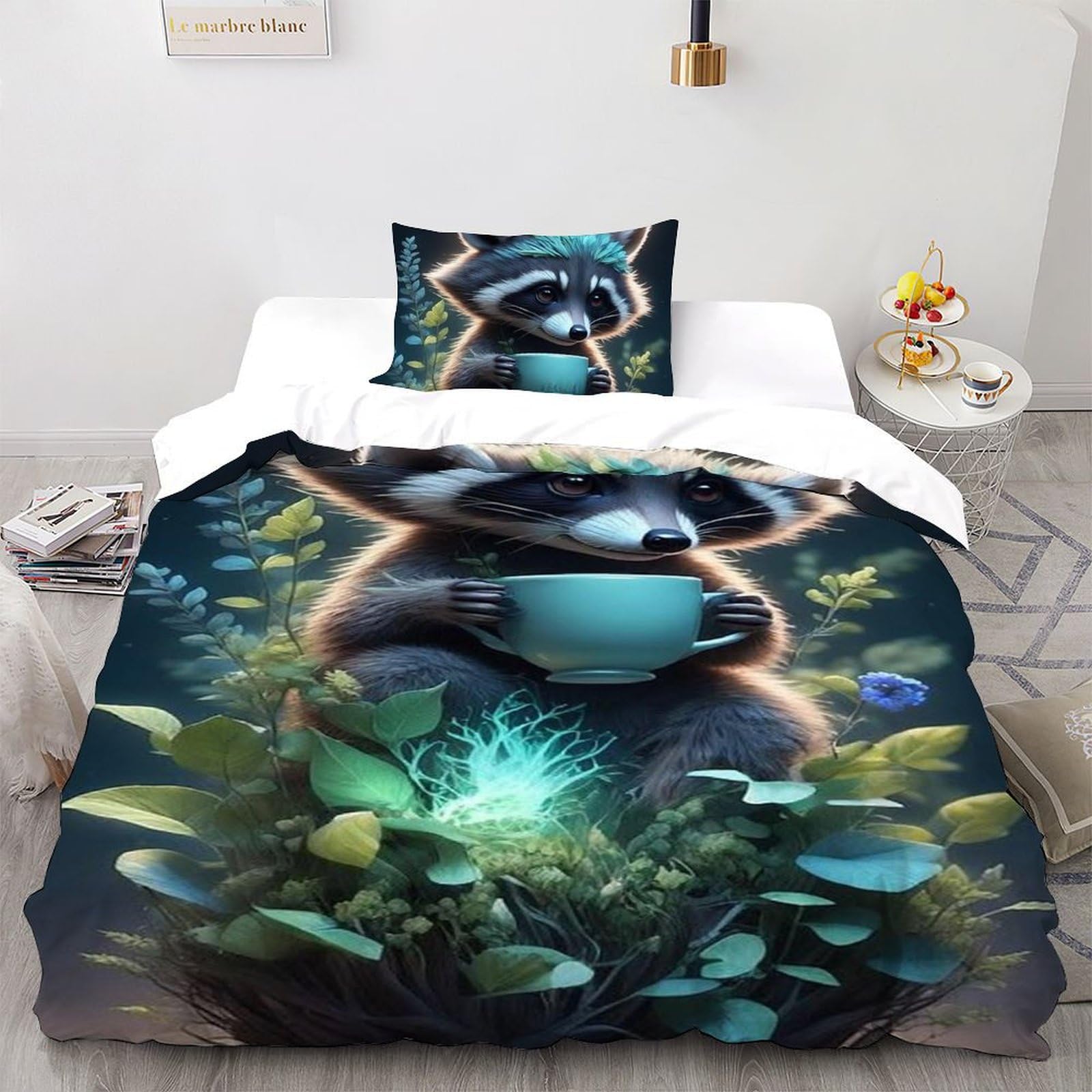 Housse de couette single avec raton laveur imprimé 3D pour literie enfants 135x200cm