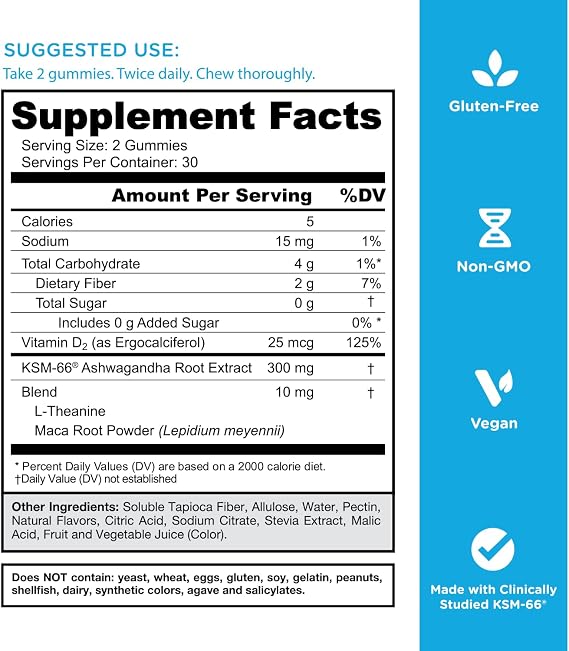 Goli Zero Sugar Ashwagandha & Vitamin D, Maca, L-Theanine Gummies, No Artificial Sweeteners, No Sugar Alcohols. Mixed Berry, KSM-66, Vegan, Plant Based, Non-GMO, Gluten-Free & Gelatin Free, 60 Gummies