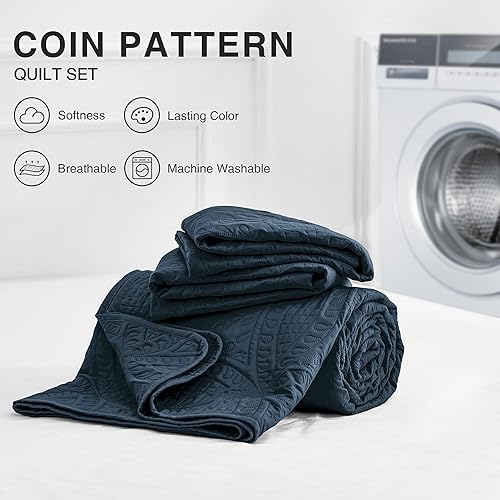 Vista 7 de Love's cabin - Juego de edredón tamaño King, color azul marino, colcha de verano, microfibra ligera, estilo moderno de moneda, para todas