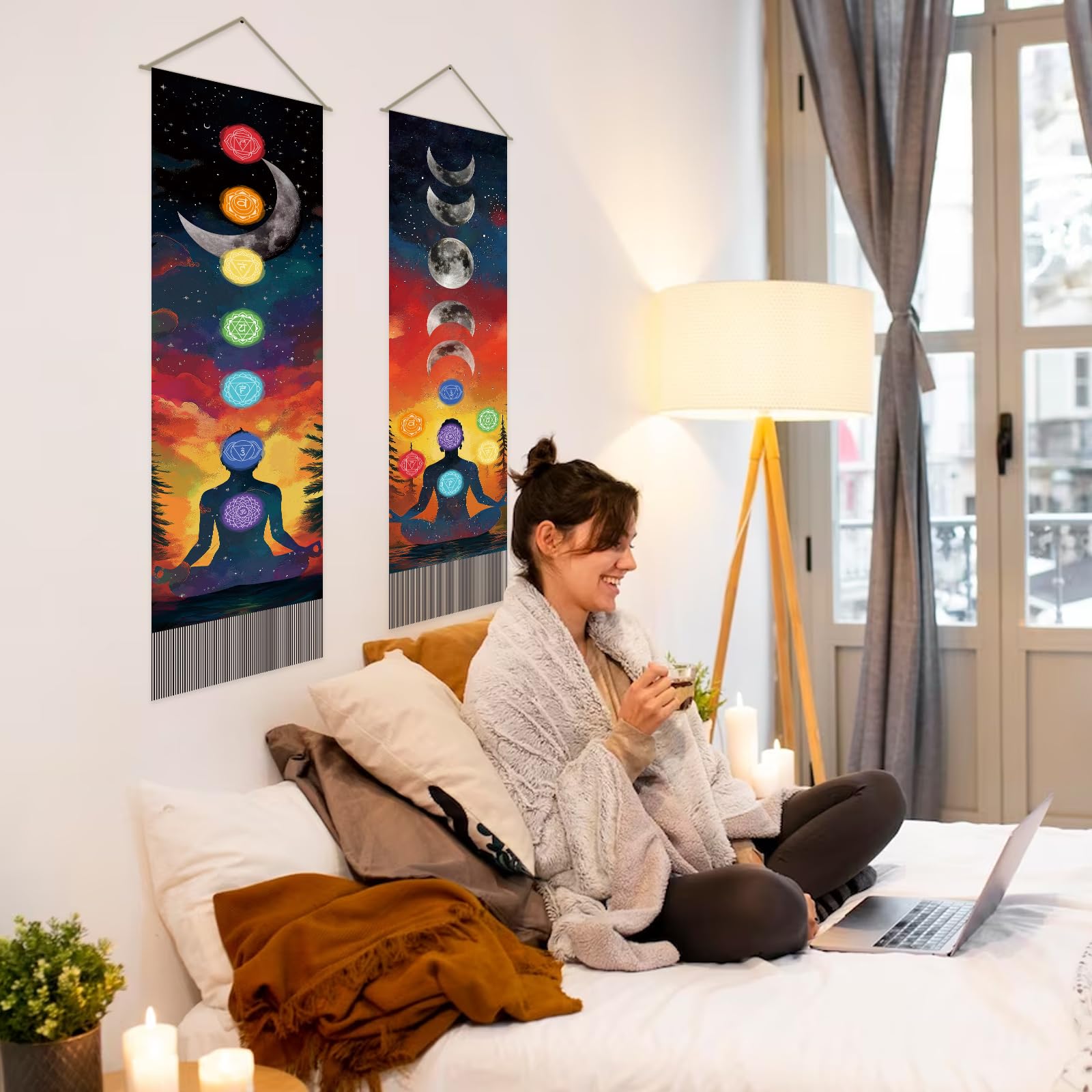 SUPERDANT Arazzo Dei Sette Chakra Meditazione Tappezzeria Da Parete Fasi Lunari Decorazione 2 Tappeti Lunghi Con Frange Per Soggiorno Camera Da Letto Yoga 130x33 cm