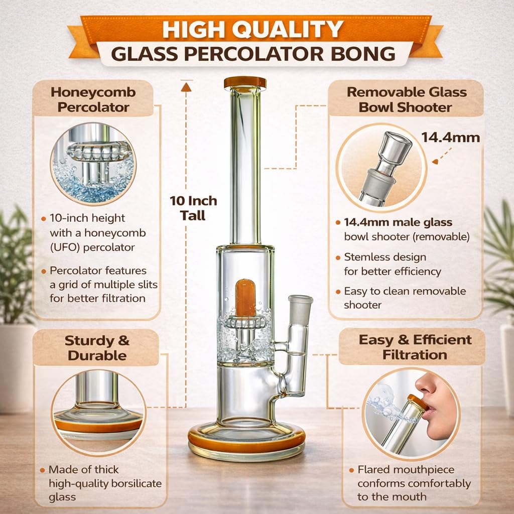 OutonTrip 10 Inch Clear Glass Water Tool with UFO Percolator, Removable 14.4 mm Glass Shooter
