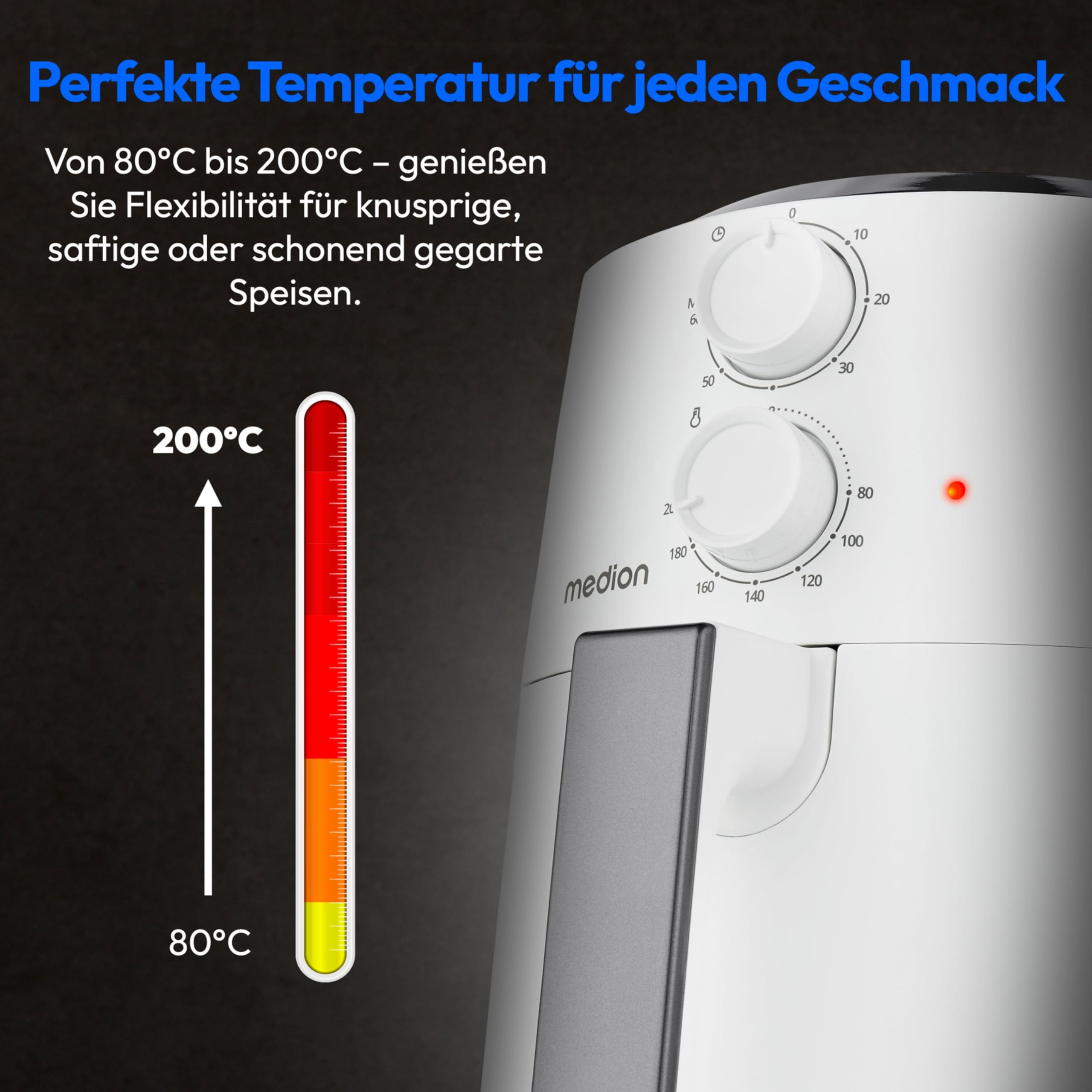 MEDION P30 L Heißluftfritteuse (4,7 Liter, Airfryer, 1500 Watt, einfache Bedienung, ölfreies Frittieren, 60 Min Timer, bis zu 200° C, Antihaft-Beschichtung, MD13020)
