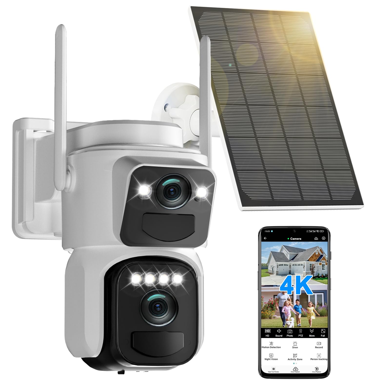 4K doble lente cámara vigilancia WiFi exterior inalámbrica solar, cámara IP baterías, con 360°PTZ, visión nocturna color, detección humana PIR, audio bidireccional, seguimiento automático, IP66