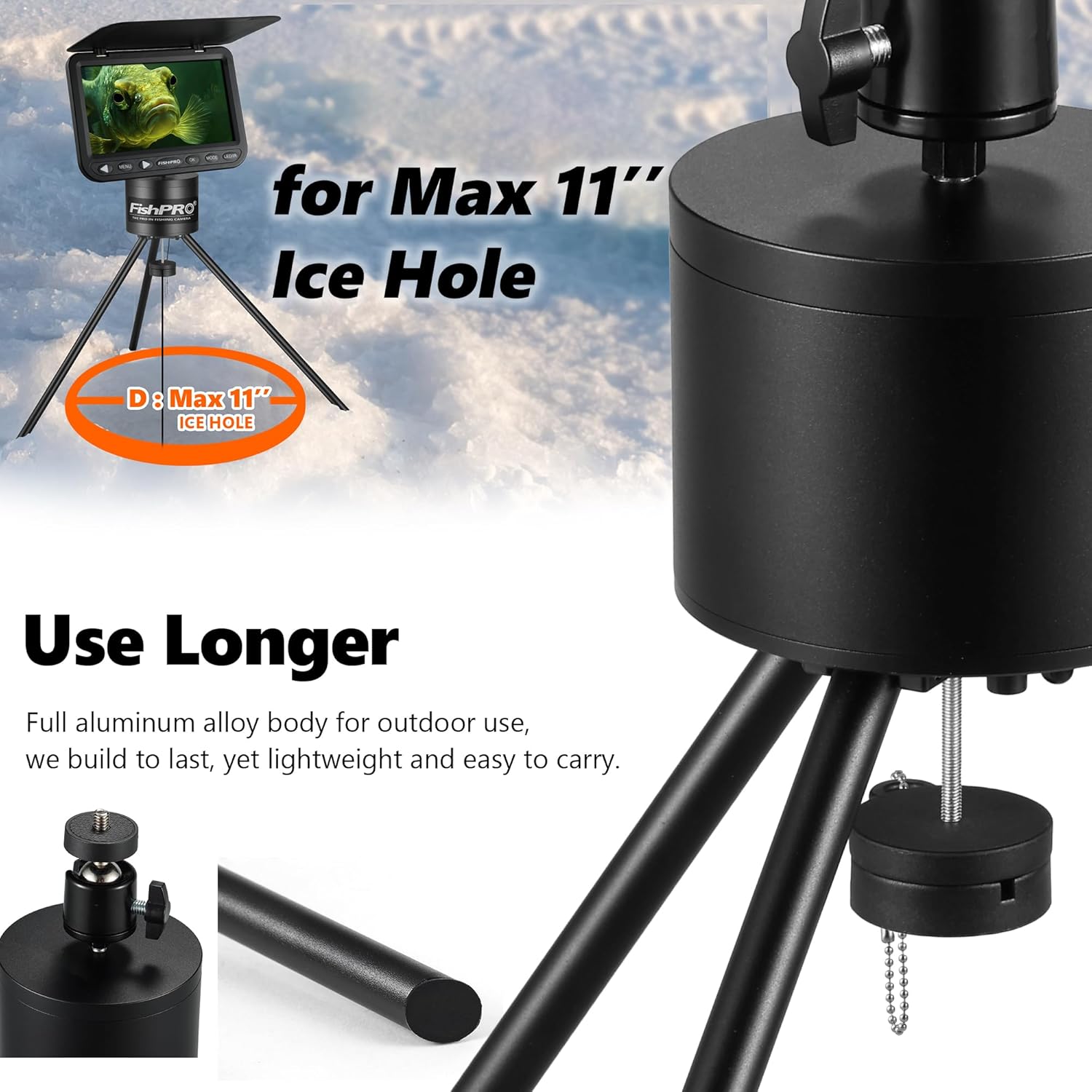 [FishPRO® 𝟮𝟬𝟮𝟲 𝐌𝐚𝐠𝐧𝐞𝐭] Tripod for Underwater Fishing Camera, For Max 11" Ice Hole - 2 Fix Way, [Full Aluminum] Positioner for Ice Fishing Camera Underwater w/ 1/4" Tilt Mount, Remote Control