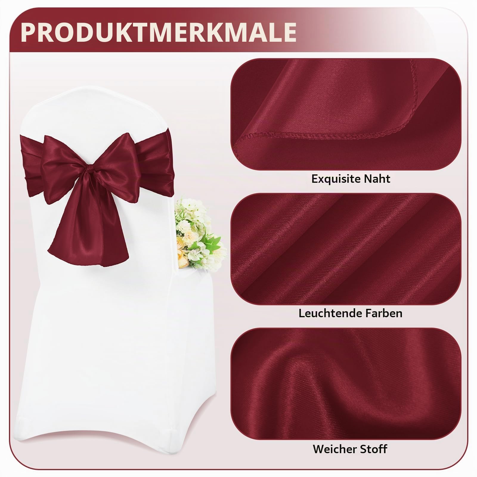 60 Stück Satin-Stuhlschärpen, Schleifen, universeller Stuhlbezug, burgunderrote Schärpen, Stuhlschärpen für Hochzeitsempfang, Bankette, Partys, Hotelveranstaltungen, Stuhldekoration (17 x 200 cm)