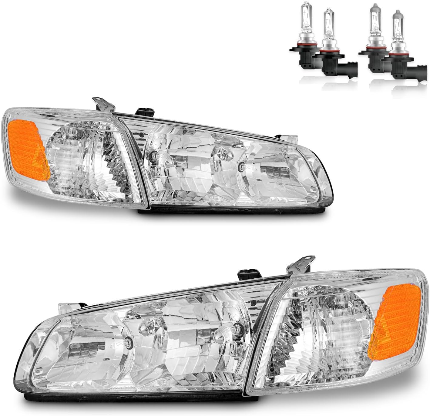 Headlights Assembly for 2000-2001 Toyota Camry CE LE XLE Headlamp Replacement with Amber Corner Lamps, Chrome Housing Amber Reflector Pair Set