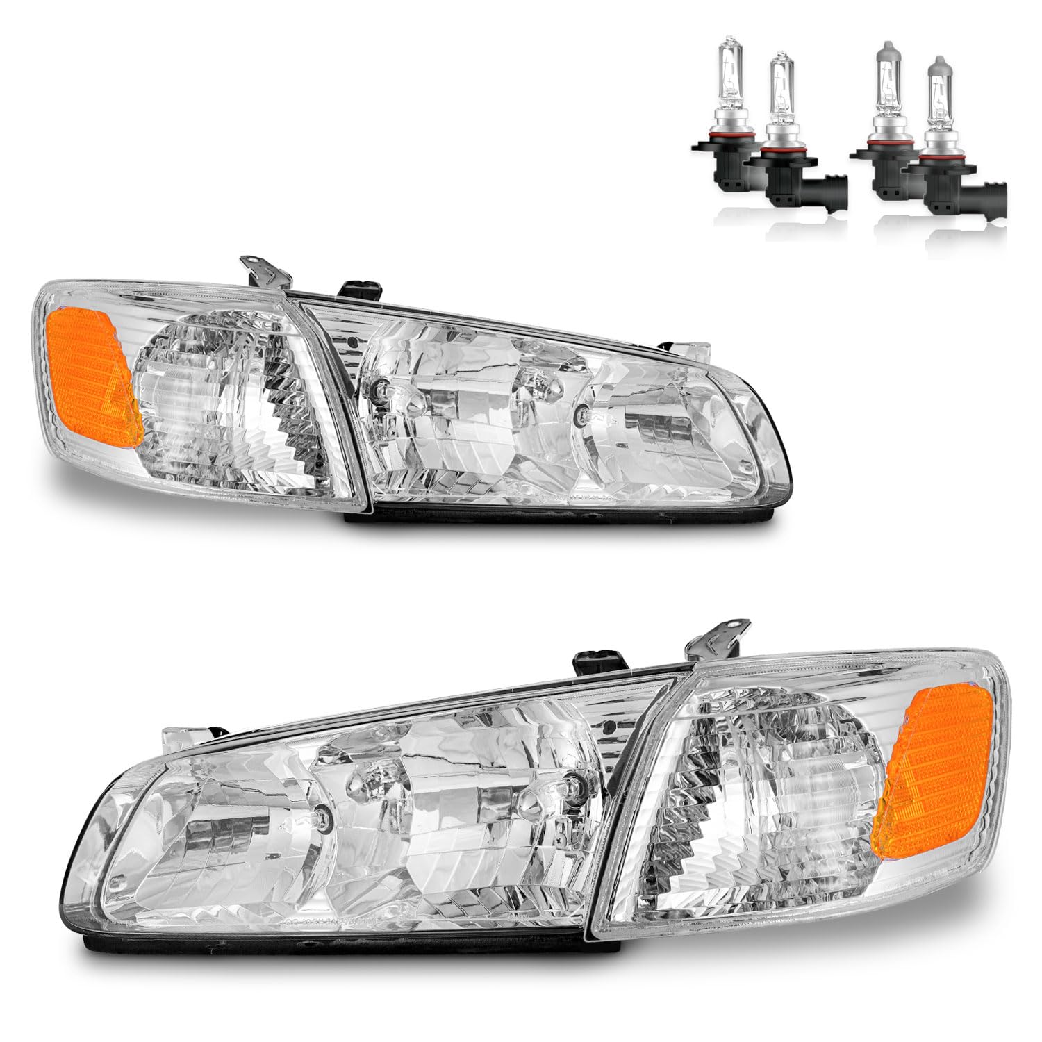 Photo 1 of KarSpareHub Headlights Assembly for 2000-2001 Toyota Camry CE LE XLE Headlamp Replacement with Amber Corner Lamps, Chrome Housing Amber Reflector Pair Set