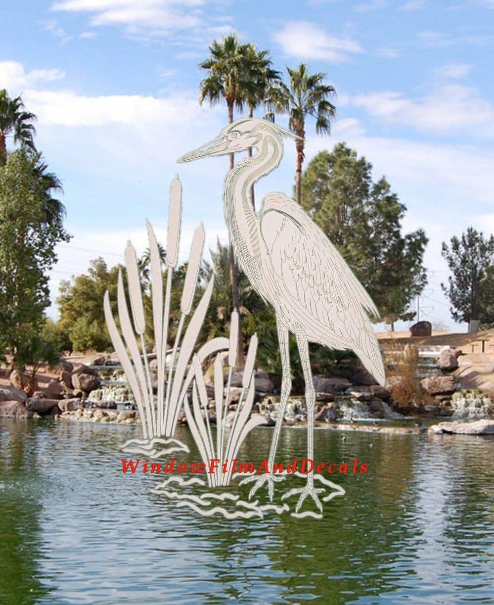 Egret & Cattails Right Oval Etched Window Decal Vinyl Glass Cling - 21" x 33" - Clear with White Design Elements