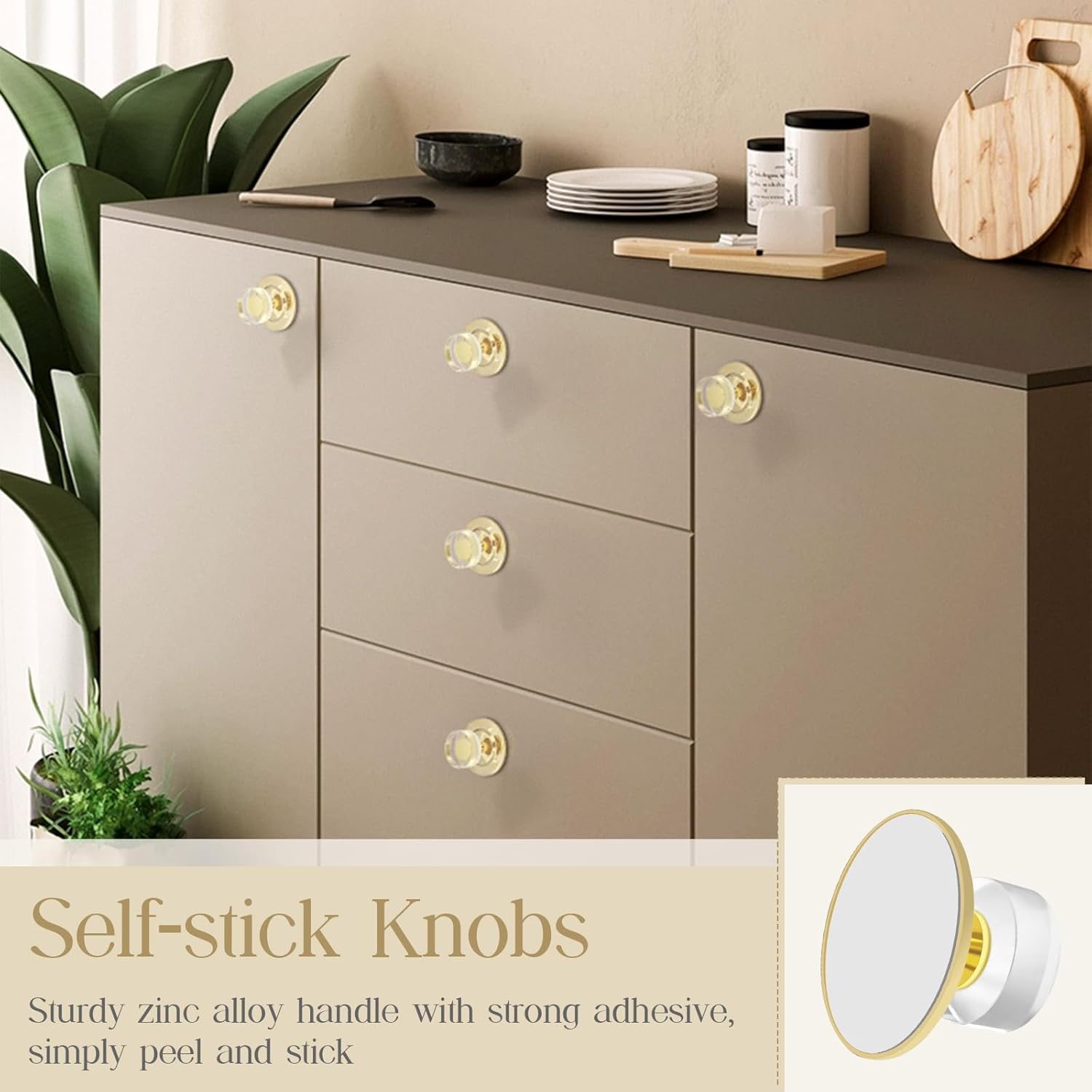 4 Pack Adhesive Knobs Crystal Stick On Drawer Pulls Gold Peel and Stick Cabinet Handles No Drill Cabinet Handles Adhesive Pulls for Mirror Cabinet Dresser Sliding Glass Door Fridge Oven