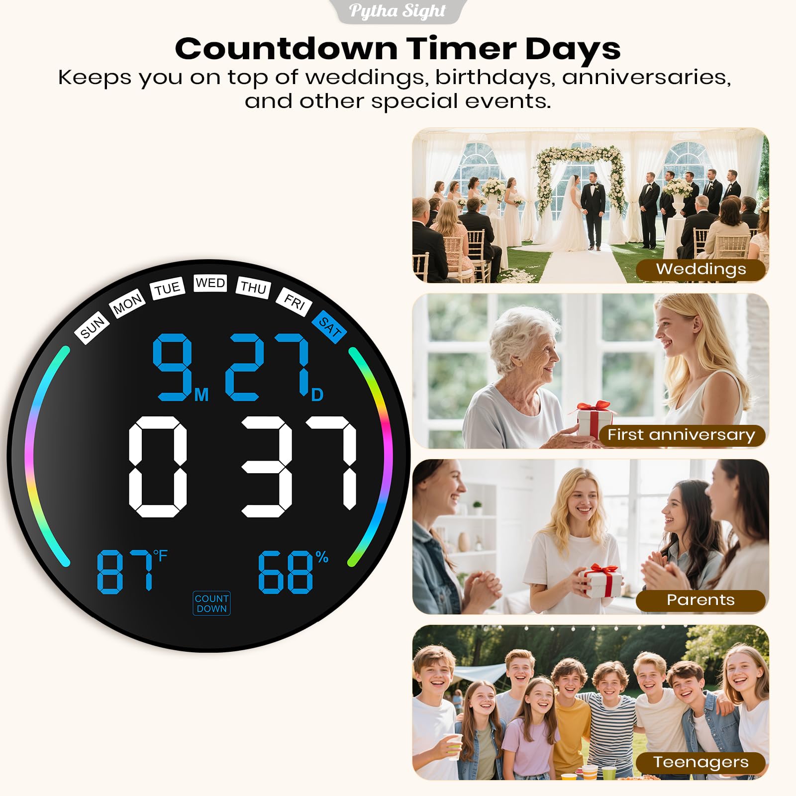 Horloge Murale numérique 26 cm LED Grand écran, Horloge Murale numérique avec 10 Couleurs RVB, Doubles alarmes, 10 Niveaux de luminosité, Voiture DST, minuterie pour Compte à rebours/Jour pour