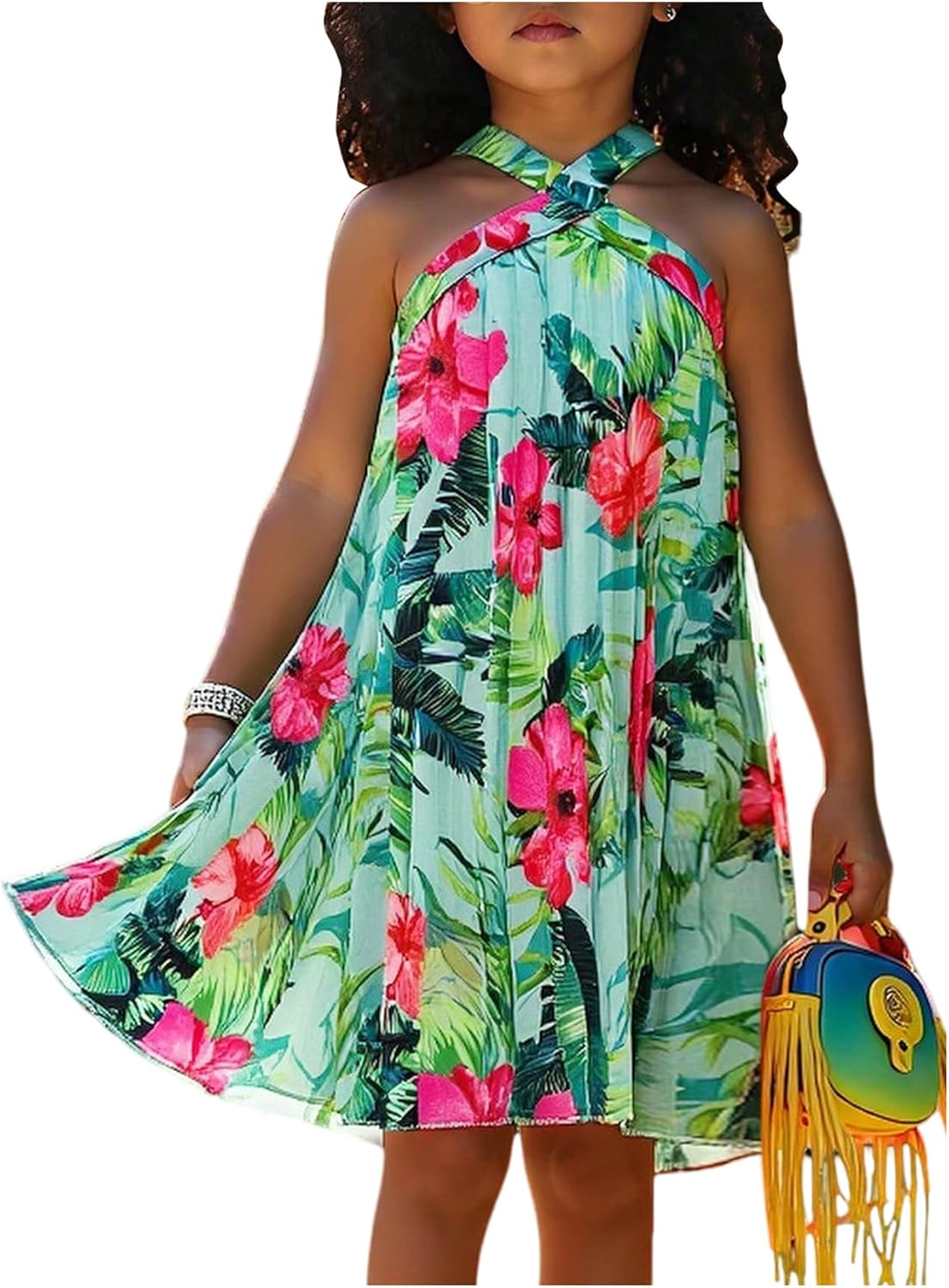 RoseSeek Girl's Tropical Floral Halter Dress A Line Flowy Sun Dress Casual Summer Vacation Outfits