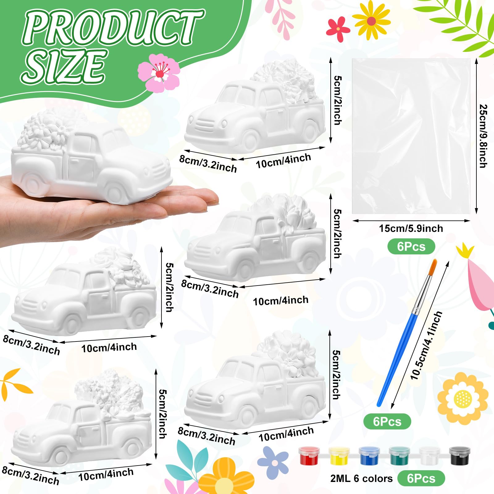JellyArch 6 Set Frühling DIY Malerei Kit Keramik 3D Keramik LKW mit Blumen zum Bemalen Ihres eigenen LKWs mit Gänseblümchen, Sonnenblümchen, Tulpen, Statuen, unlackiertes Gips, Handwerk mit Pinsel,