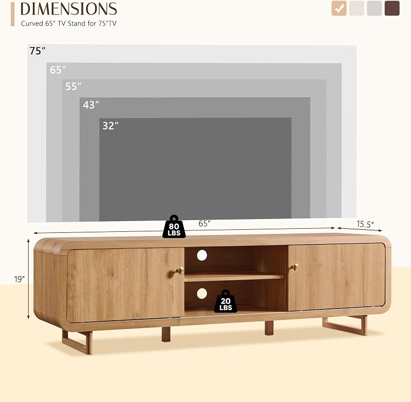 65" Curved TV Stand with Storage for TVs Up to 75", Sliding Doors, Natural image 2