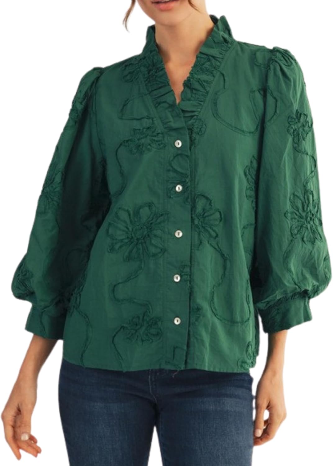 Mannjin Womens 3D Floral Button Down Ruffled Blouse V Neck 3/4 Puff Sleeve Embroidered Shirt Tops