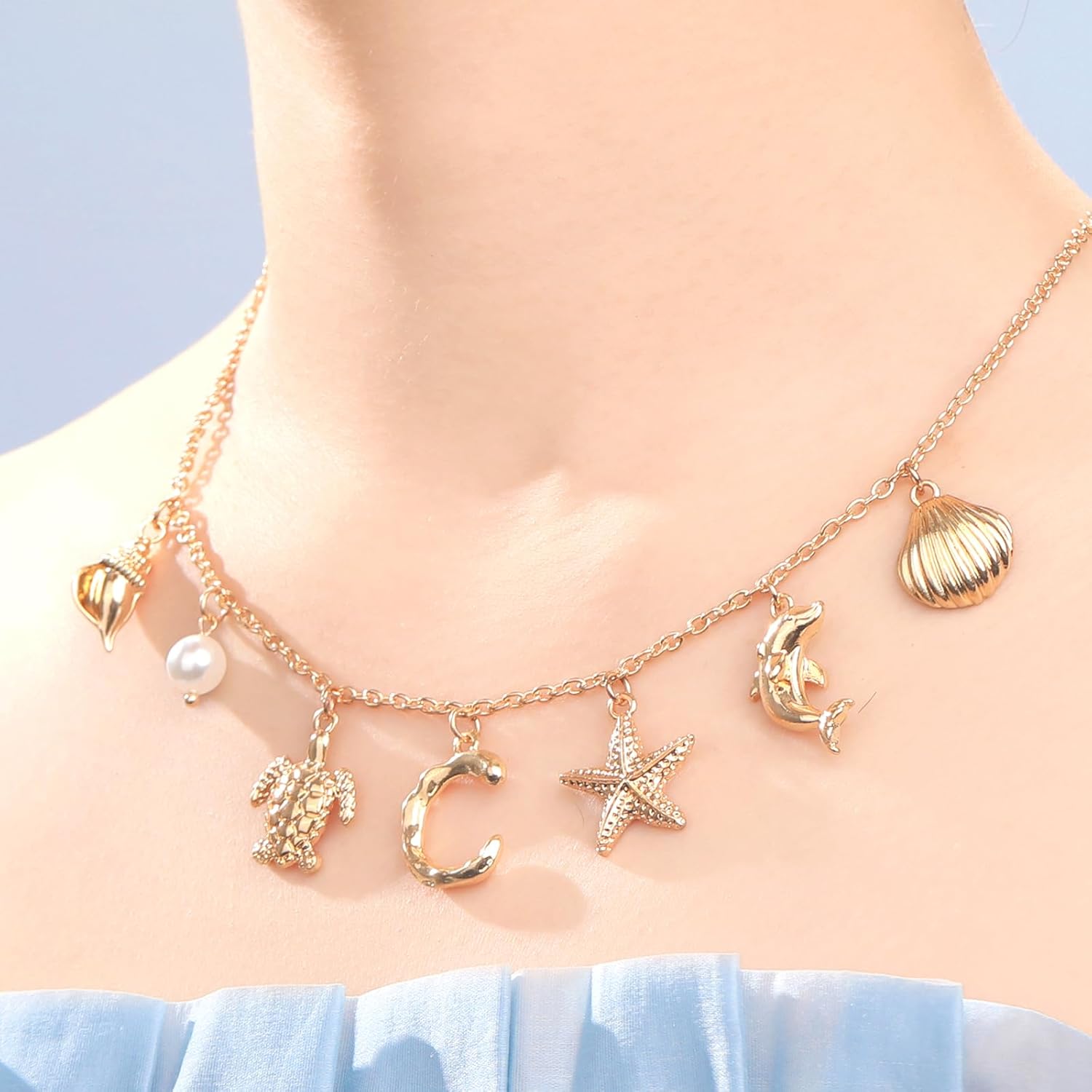 NEKOL Initial C Charm Necklace For Women, Boho Gold Summer Beach Surfer Letter Necklace Starfish Seashell Pearl Turtles Dolphin Charms Pendant, Trendy Pendant Alphabet Choker Necklace Jewelry Gifts - Image 6