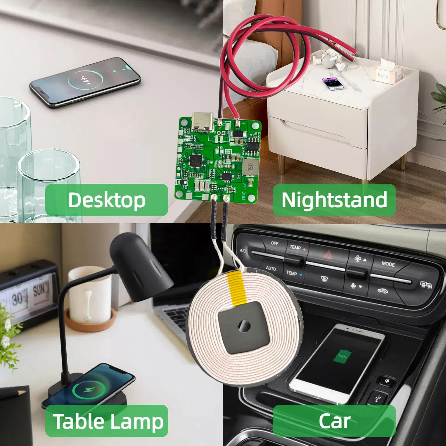 2 pz 20 W Max QI caricabatterie wireless PCBA modulo bobina, circuito di ricarica rapida fai da te con porta di tipo C, protezione da surriscaldamento per auto e mobili (con filo)