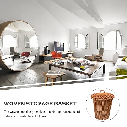 Miniatura 9 de PRETYZOOM Cesta de almacenamiento tejida con tapa, papelera de baño, cesta de almacenamiento de mimbre, cesta de almacenamiento tejida, decoración