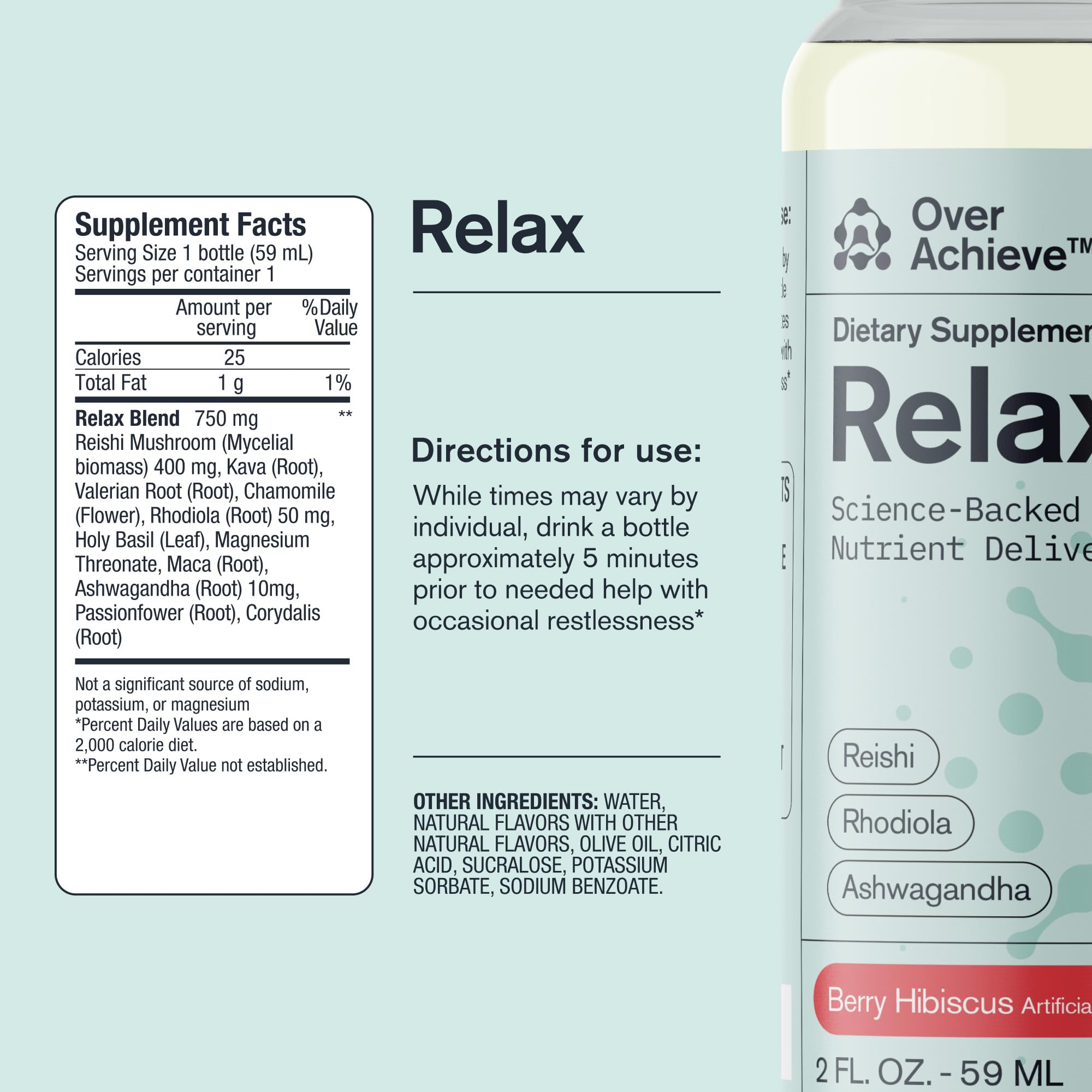 Relax Drink for Relaxation and Stress Relief, Contains Ashwagandha, Rhodiola Rosea and Reishi Mushroom with Advanced Nanoscience Technology, 3 Pack Calm Nervous System Berry Hibiscus, 2oz