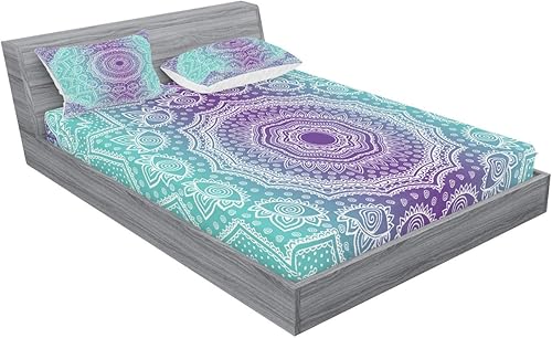 Miniatura 2 de Ambesonne Juego de sábanas bajeras y fundas de almohada moradas y turquesa, mandala hippie ombré paz interior y meditación con arte ornamental,