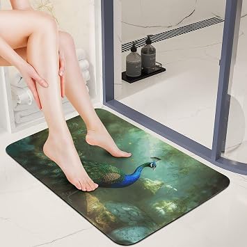 Stone Bath Mats Peacock Diatomaceous Earth Bath Mat Super Absorbent Bathroom Floor Mat Quick Drying Diatomite Shower Mat for Shower Bathtub Bathroom Accessory 16x24in