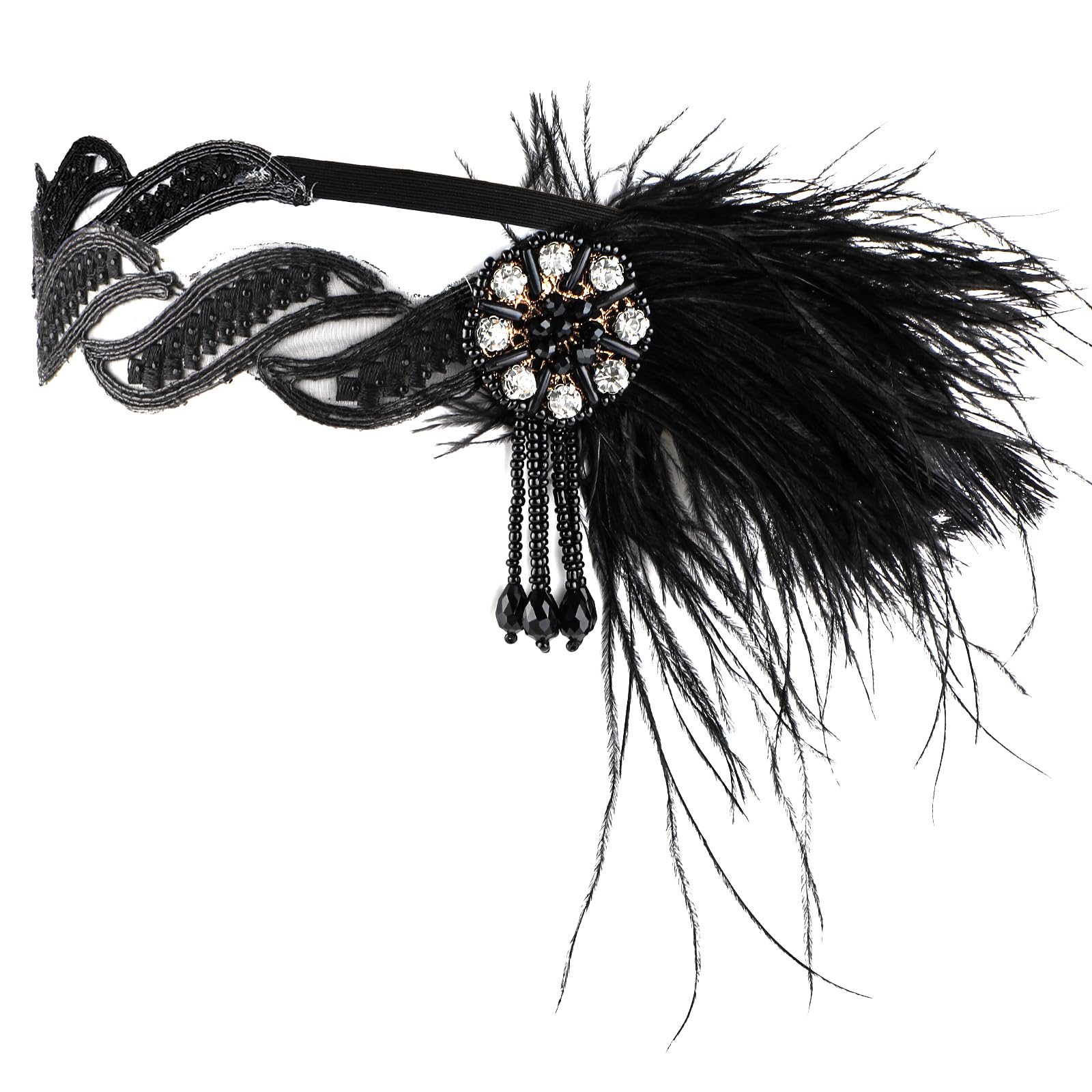 Dimeho1920s Flapper Headband, 1920s Gatsby Headpiece Accessories Roaring 20s Feather Headband 20's Theme Cocktail Hair Accessories Women's Fashion Vintage Feather Crystal Hair Headbands for Party