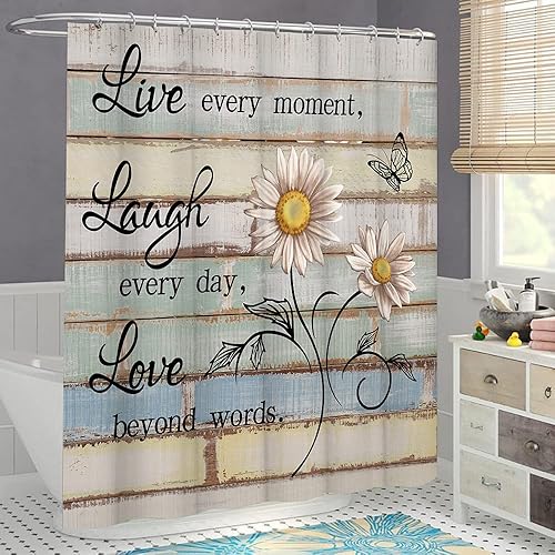 Miniatura 3 de Cortina de ducha con diseño de mariposas y margaritas blancas con citas motivacionales en tablero de madera, juego de cortinas de baño para
