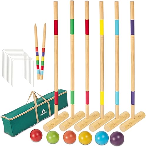 ApudArmis Juego de croquet para seis jugadores de 35 pulgadas con mazos de madera de pino de alta calidad, bola de colores, mechones, estacas –