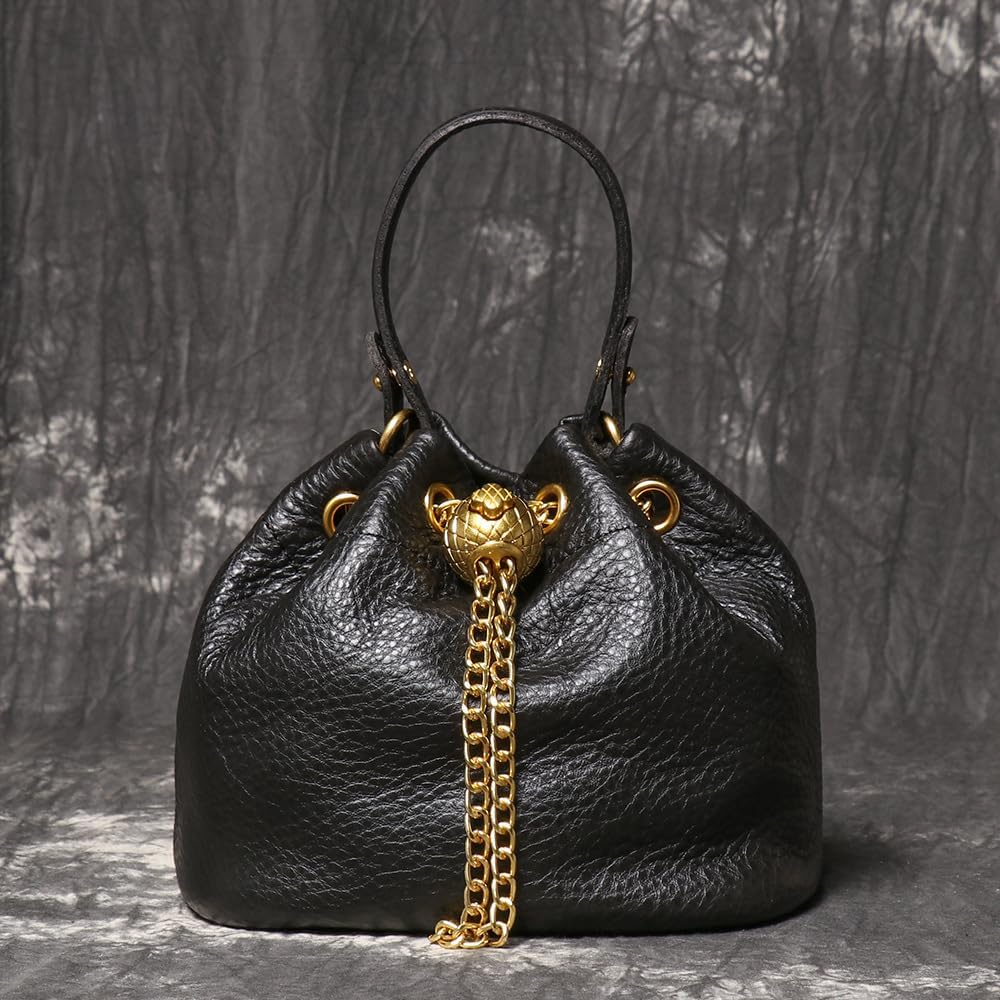 Genuine Leather Bucket Shoulder Bag for Women with Chain Strap, Casual Day to Evening Purse