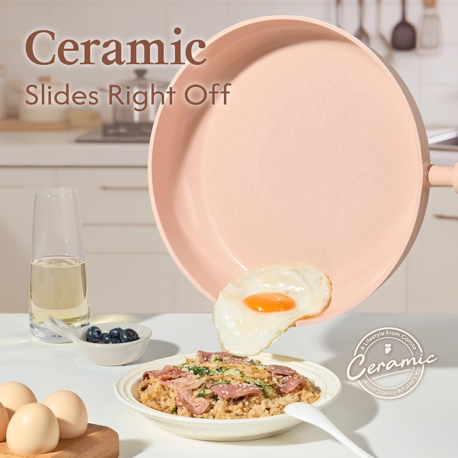 CAROTE Pots and Pans Set Nonstick, Ceramic Cookware Set, Pink Cooking Set Kitchen Induction Set with Steamer, PFAS PTFE Free,9 Piece