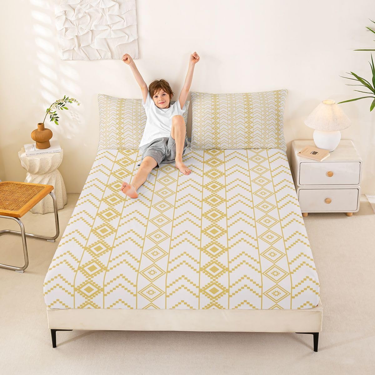 Western Fitted Sheet Yellow White Full Size Bed Sheets | Boho Geometric Aztec Country Southwestern Bedding Set