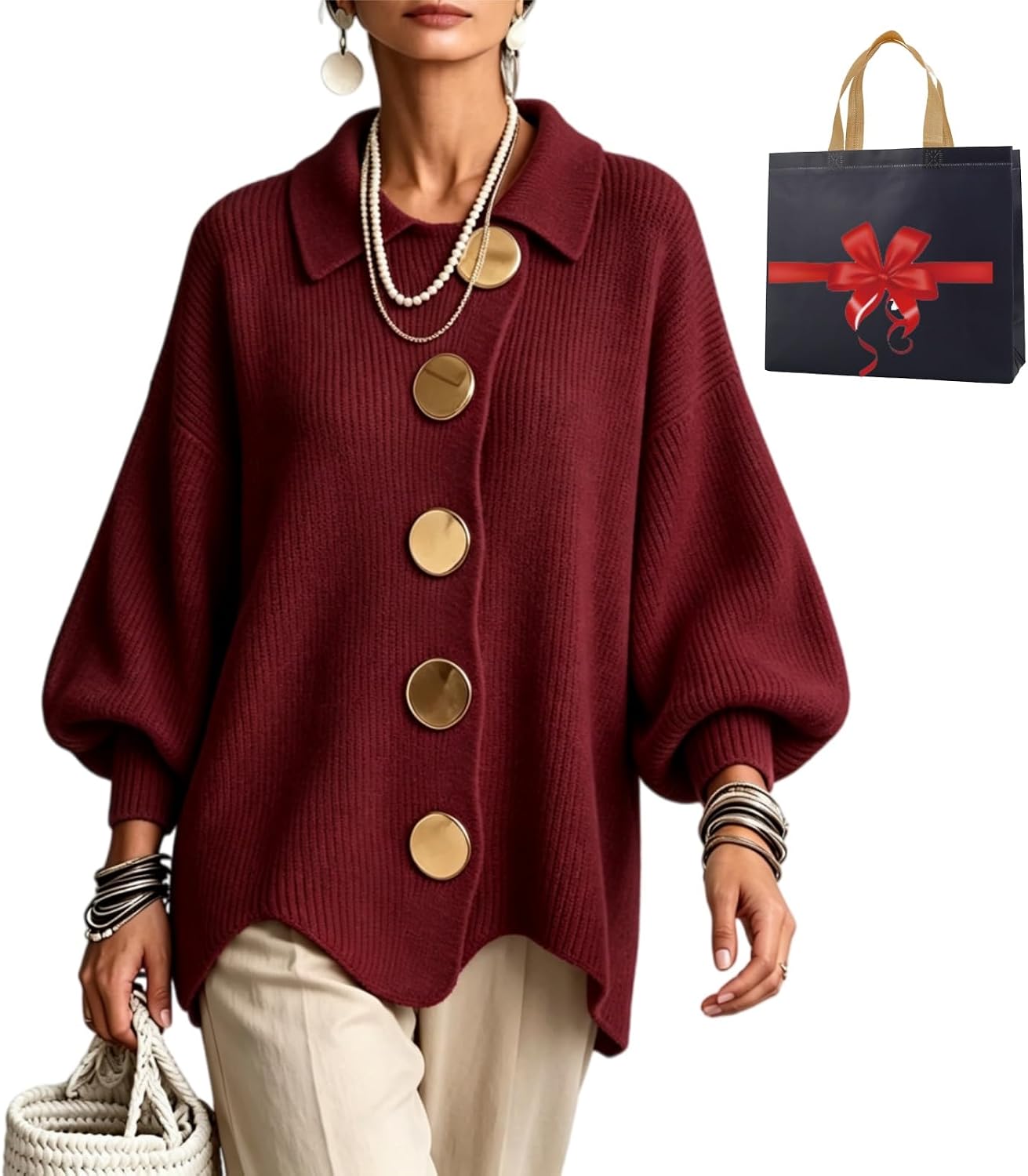 Women's Oversized Collared Knit Cardigan Sweater