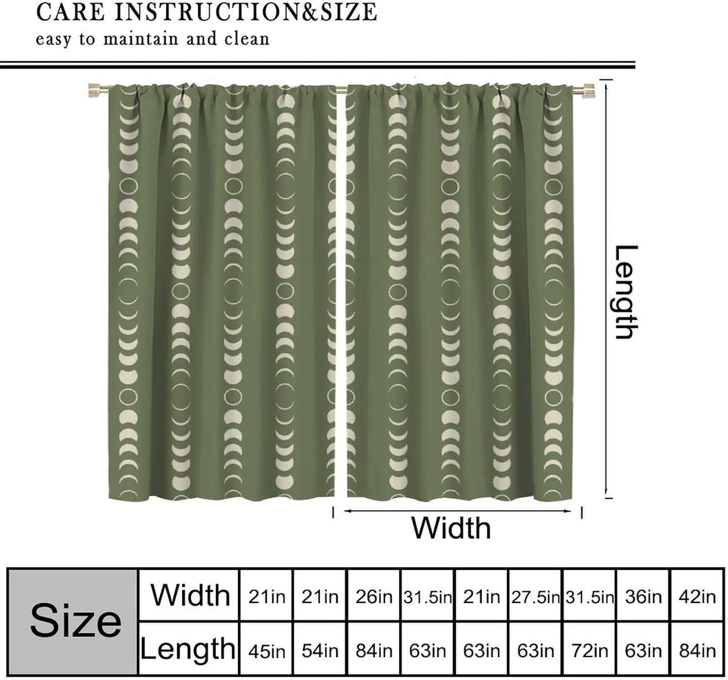 Boho Moon Phases Curtains Sage Green Thermal Insulated Printed Rod Pocket Blackout Window Treatments for Nursery Bedroom Living Room 42" W X 45" L