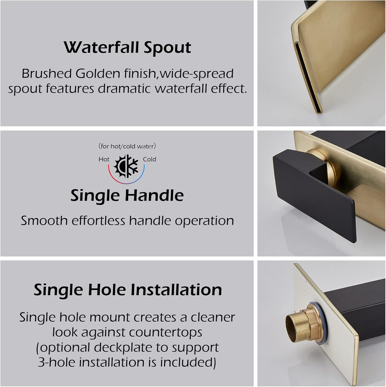 Bathroom Faucet Brushed Golden Waterfall Spout Black Body Single Handle Brass Pop Up Drain Stopper with Overflow Include for 1-3 Holes Basin Sink Deck Mounted Lavatory Vanity