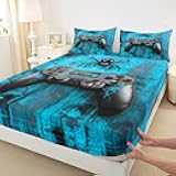 Gaming Gamepad Kids Fitted Sheet Queen Size,Spider Web Happy Halloween Bedding Set,Boys Girls Room Decor,Tie-dye Graffiti Videogames Controller Bed Cover,Blue Bed Sheet,2 Pillowcases(No Flat Sheet)