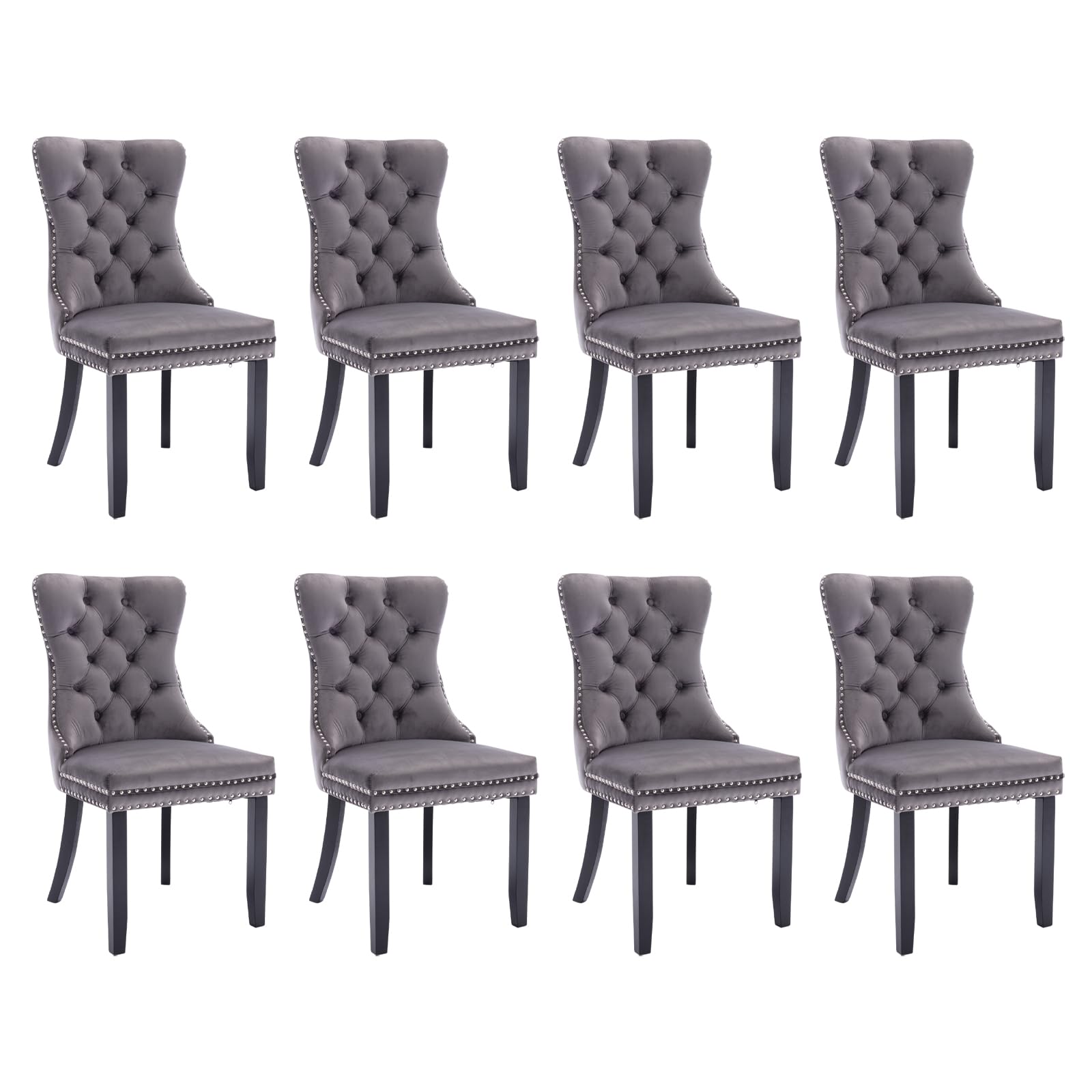 SoarFlash Velvet Dining Chair Set of 8, Upholstered Tufted Dining Room Chair with Nailhead Trim and Solid Wood Leg for Kitchen (Grey)