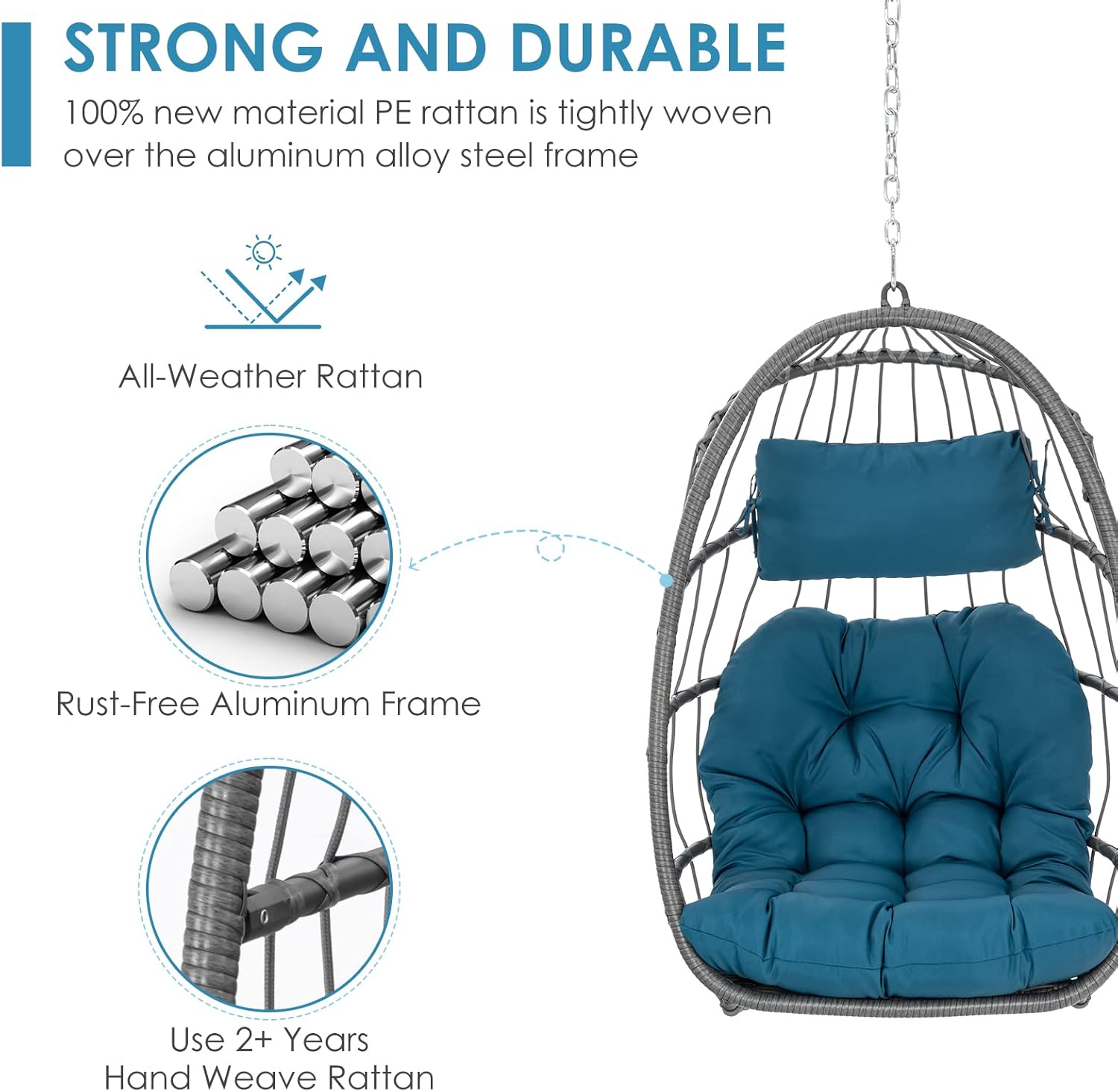 Brafab Egg Swing Chair Without Stand Outdoor Indoor, Foldable Swing Chair Hanging Egg Chairs, Aluminum Frame and UV Resistant Cushion Hammock Chair for Bedroom Patio Porch (Without Stand)