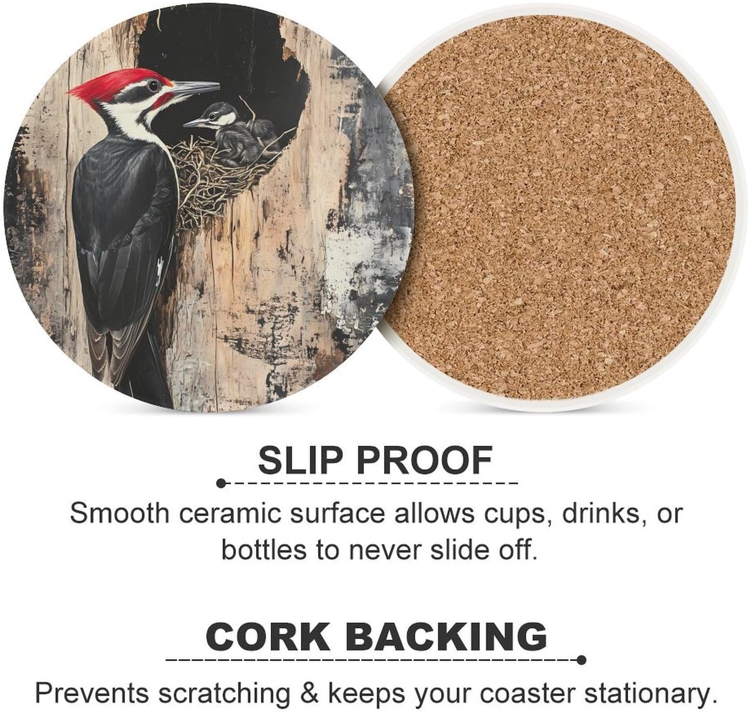 Pileated Woodpecker Round Ceramic Coasters for Drinks Absorbent Cup Holder Tabletop Protector with Cork Base