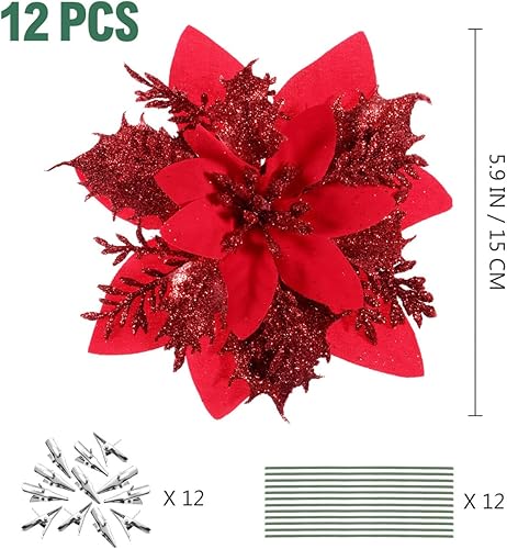 Miniatura 2 de Kisangel 12 flores artificiales de Navidad con purpurina para corona de Navidad, adornos de árbol de Navidad con 12 tallos y clips (rojo)