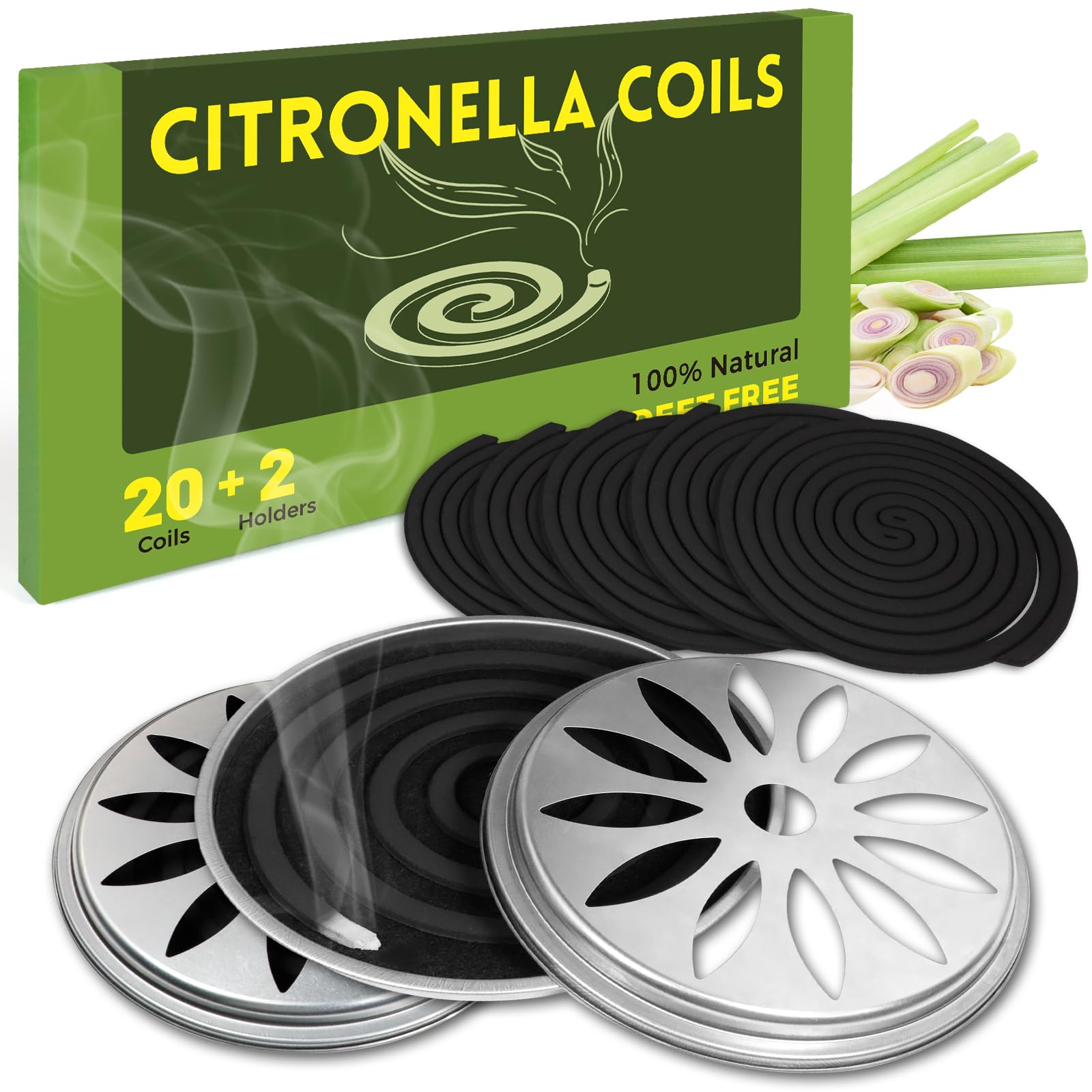 SCENTORINI Espirales de Incienso Negra con Citronela, Pack de 20 Piezas con 2 Cajas y 2 Telas Ignífugas, Uso Interior y Exterior 2 718Uc1+3MqL