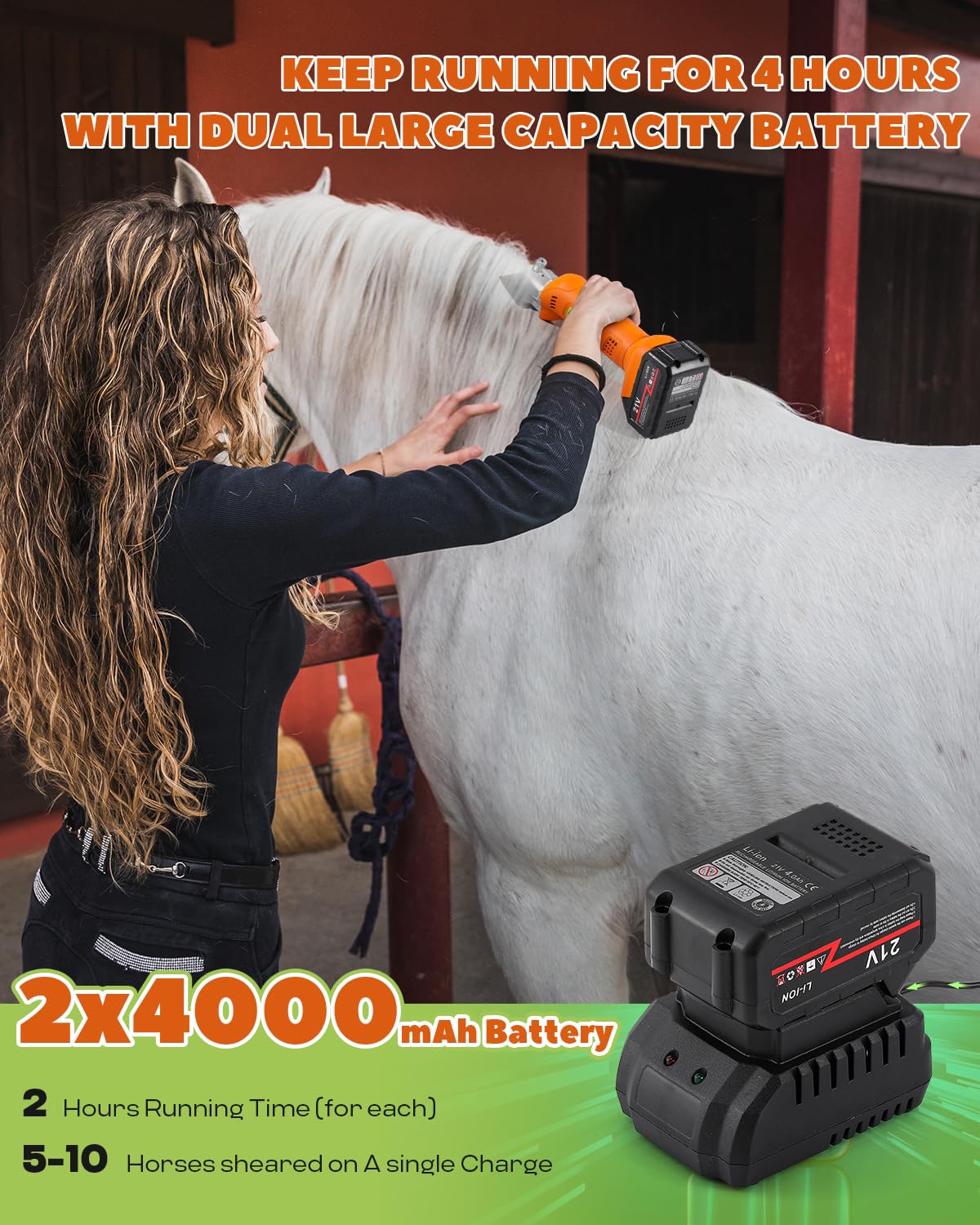 Kit per la toelettatura dei cavalli, senza fili, resistente, a 6 velocità, professionale, con 2 batterie al litio da 21 V 4 Ah, per rasatura di cavalli, pony, bovini, cani di taglia grande