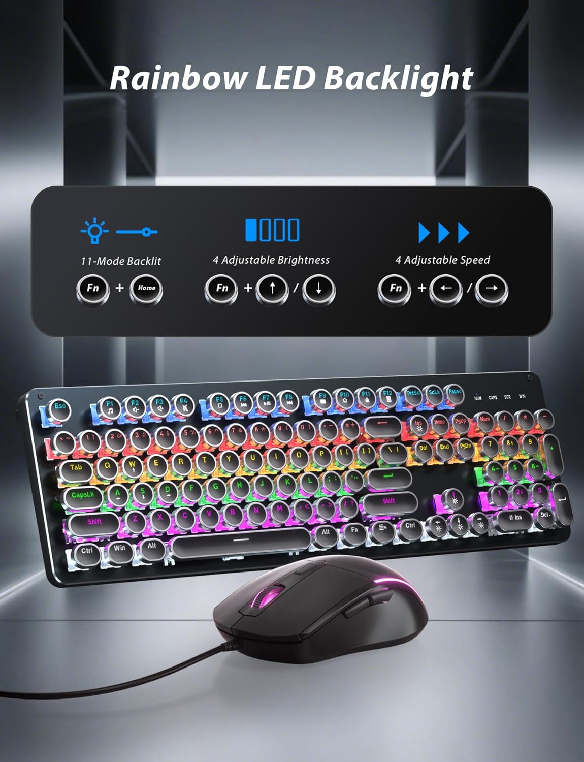 Typewriter Mechanical Gaming Keyboard and Mouse, Metal Panel Retro Keyboards with Round Keycap Blue Switch, Rainbow LED Backlit 104-Key Anti-Ghost Wired Mouse and Pad Combo for PC Laptop Mac Gamer - Image 5