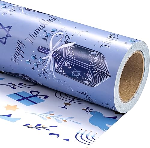 Vista 15 de WRAPAHOLIC Papel de regalo reversible de Navidad, mini rollo, 17 pulgadas x 33 pies, diseño de gnomo azul morado y cuadros con brillo metálico