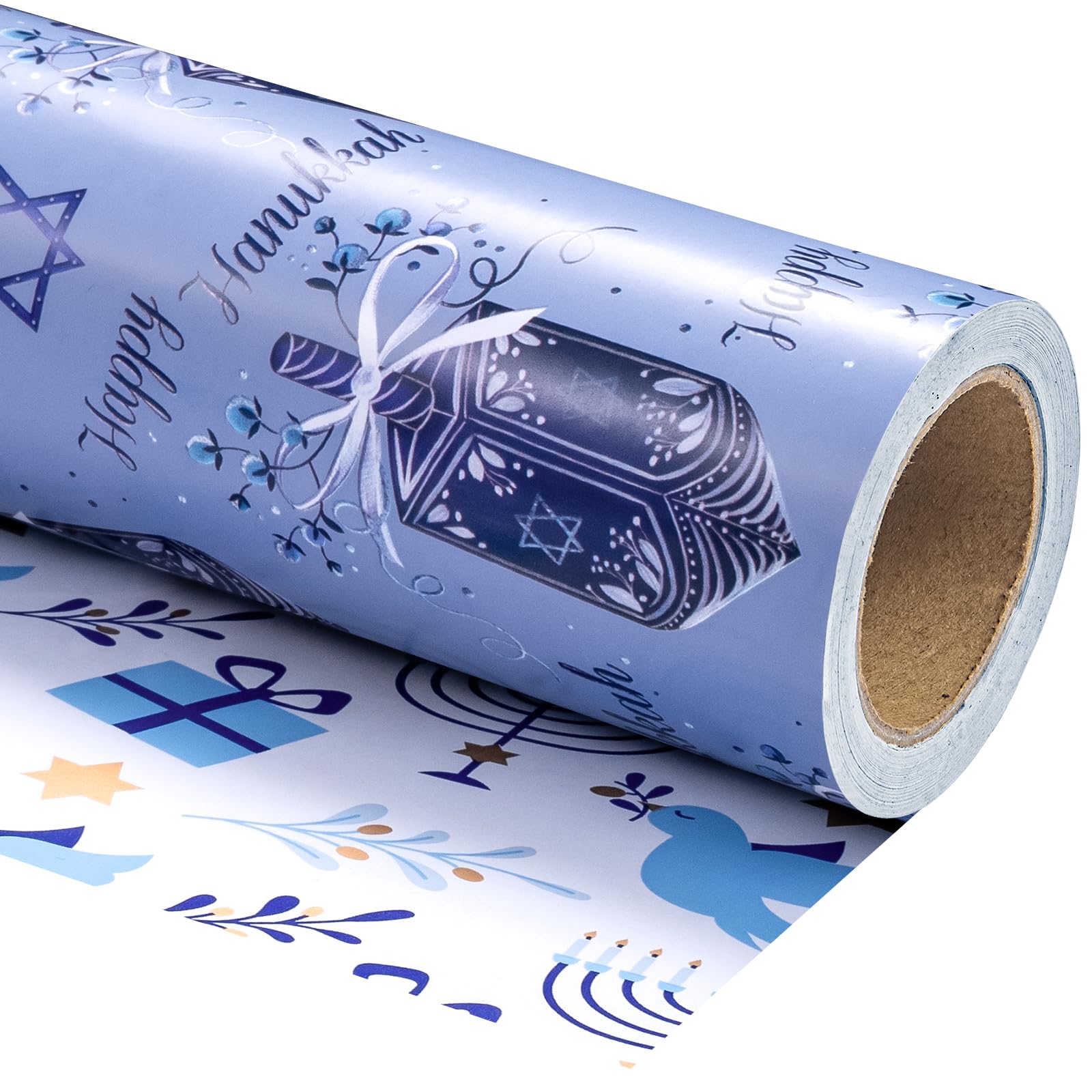 (pack of 2)-WRAPAHOLIC Reversible Hanukkah Wrapping Paper - Mini Roll - 17 Inch x 33 Feet - Dreidels and Menorah Lights Design for Christmas, Hanukkah, Holiday
