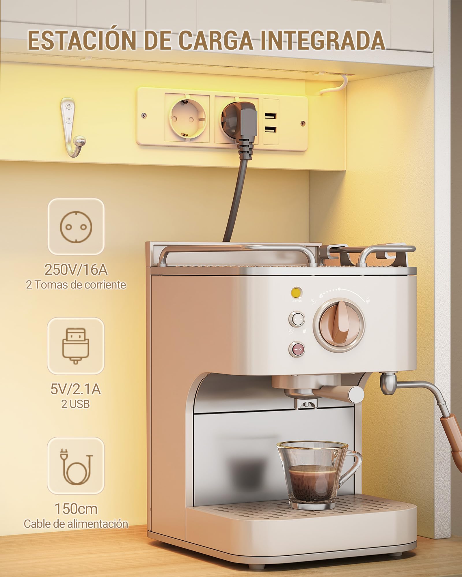 Hzuaneri Armario Cocina Alto, con Toma y Tira LED, 40 x 100 x 180 cm | Estante 6 Niveles Tras Puerta, 5 Puertas y 3 Cajones, Para Cocina o Salón, Blanco-Roble PT10303XEU