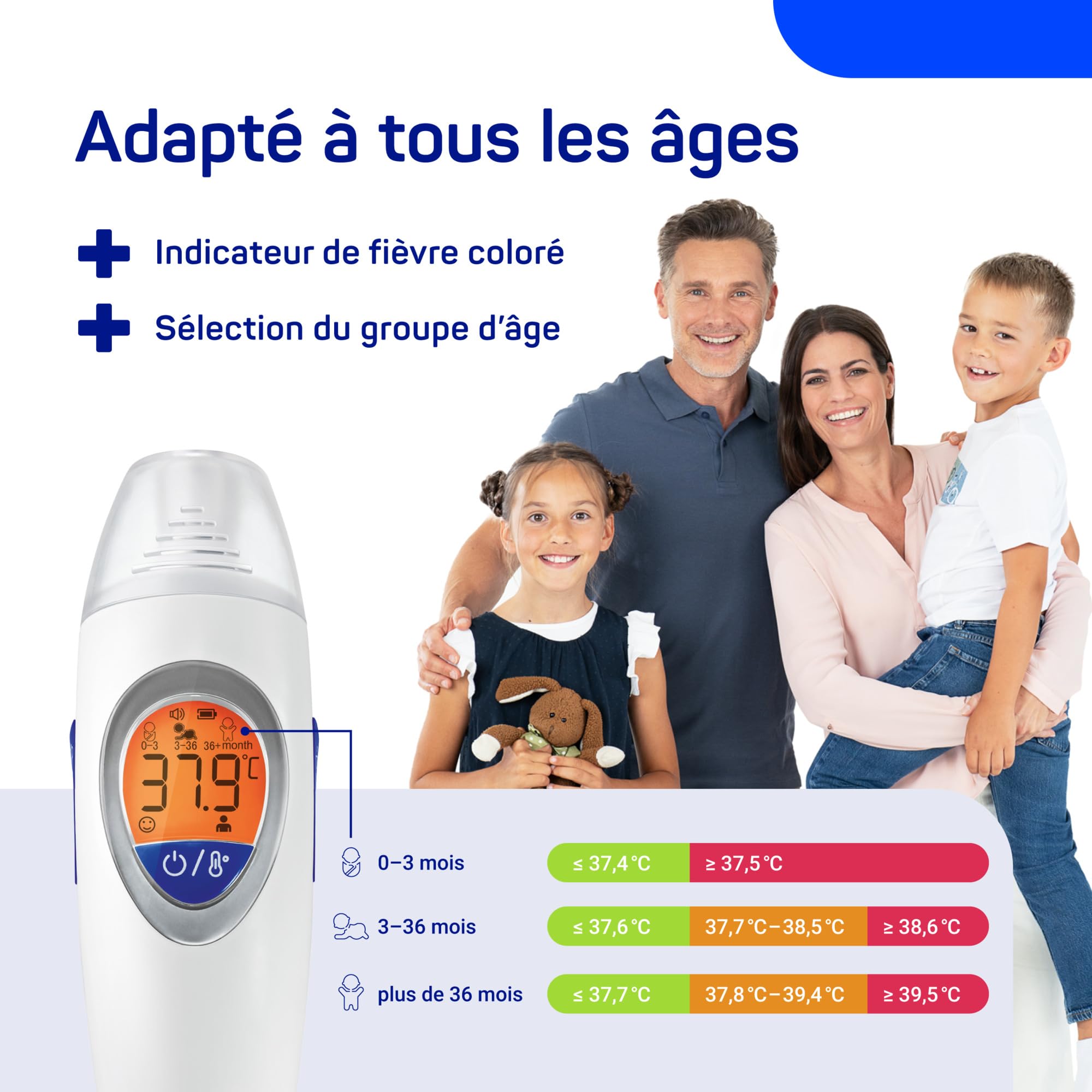 VEROVAL family - Termometro a infrarossi per orecchio e fronte per una rapida misurazione della febbre, ideale per adulti e bambini