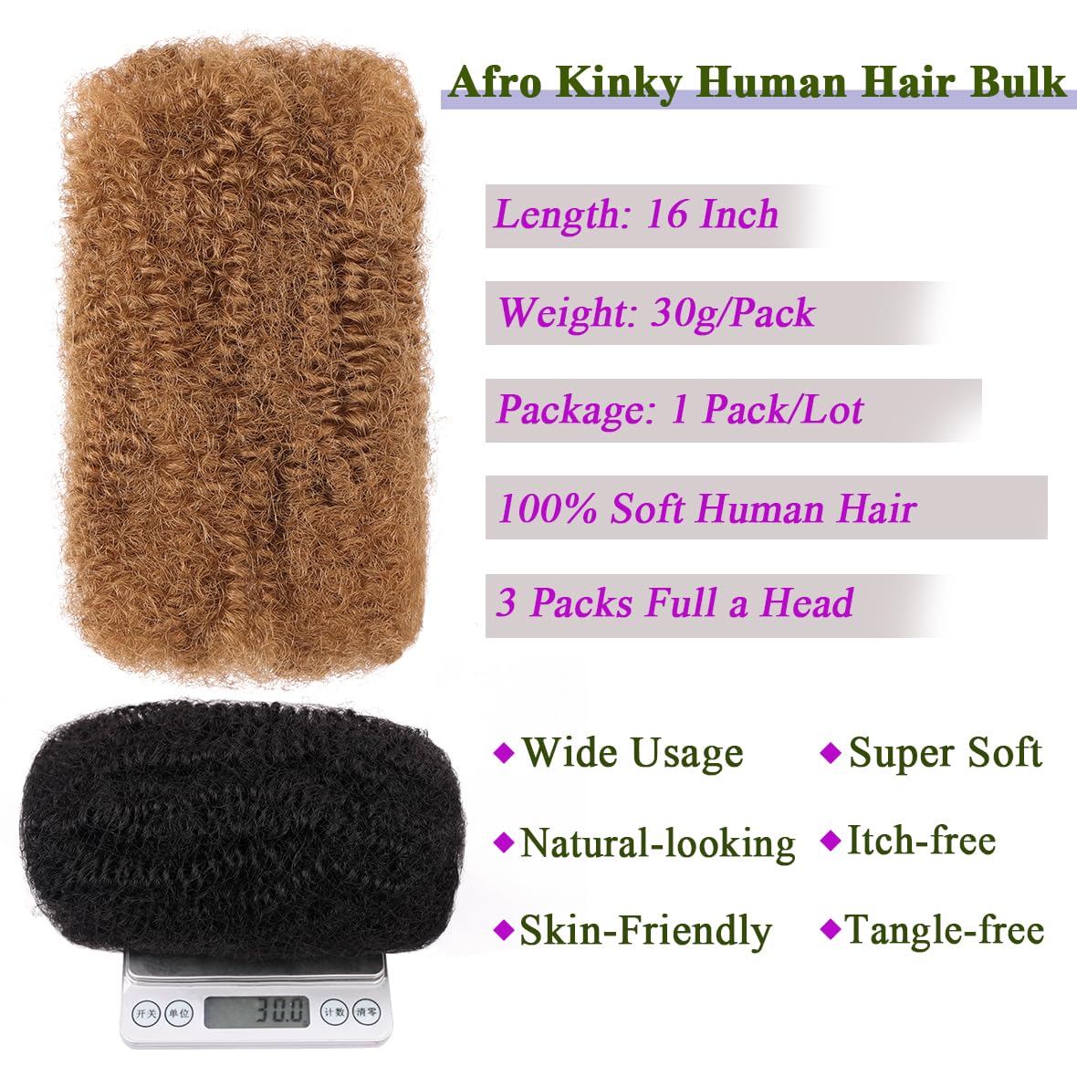 Kackanaa 16 Inch Dark Ginger Afro Kinky Curly Human Hair Bulk for Dreadlock Extensions 1 Pack Marley Twist Hair Bulk for Mini Twist Repair Locs Springy Afro Twist Human Hair Bulk - Image 4