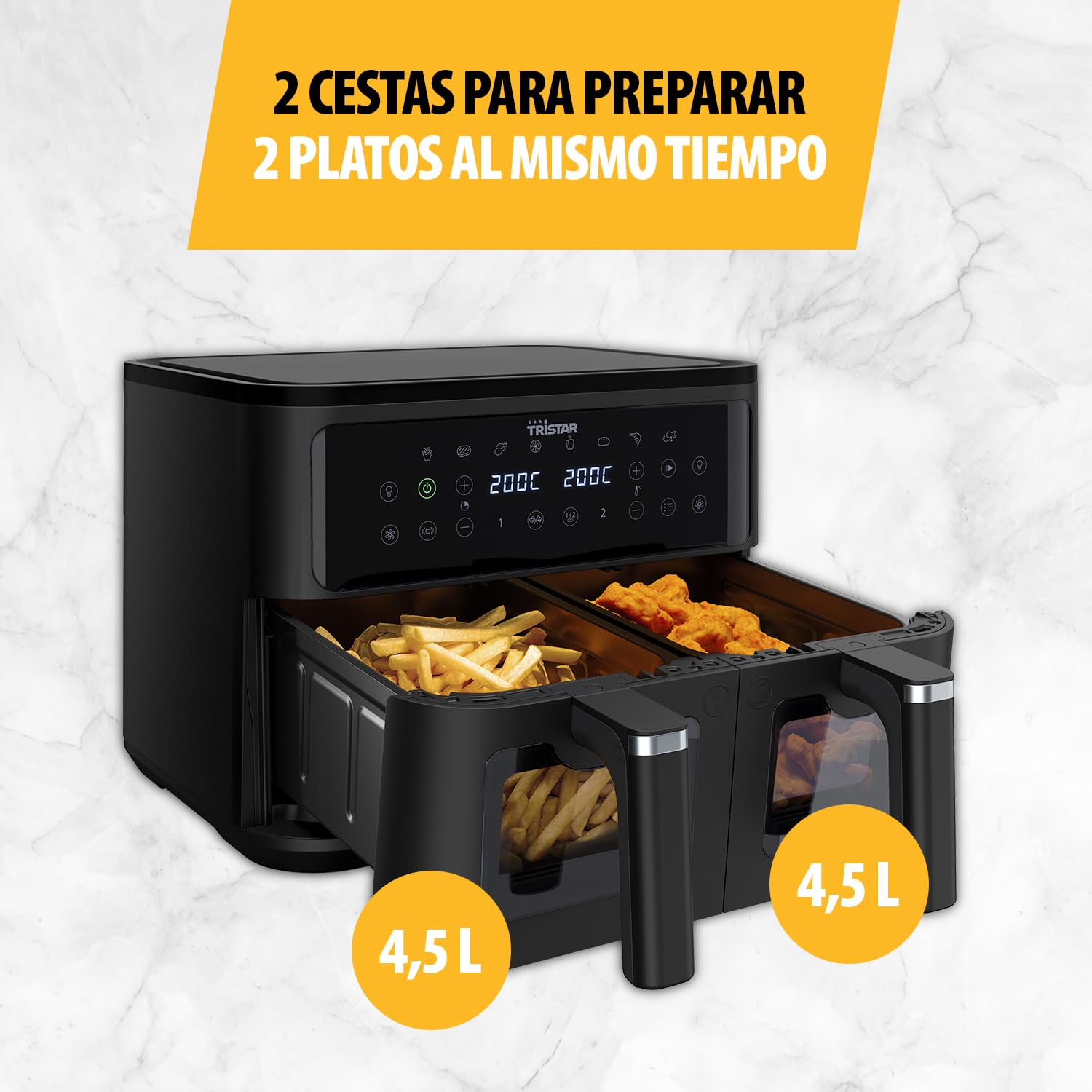 Tristar Freidora de Aire Doble Cesta, 9 L, 10 Programas, Pantalla Digital, Ventanas de Visualización, Sin PFAS, Cocina Saludable Sin Aceite, 2500 W, FR-9429